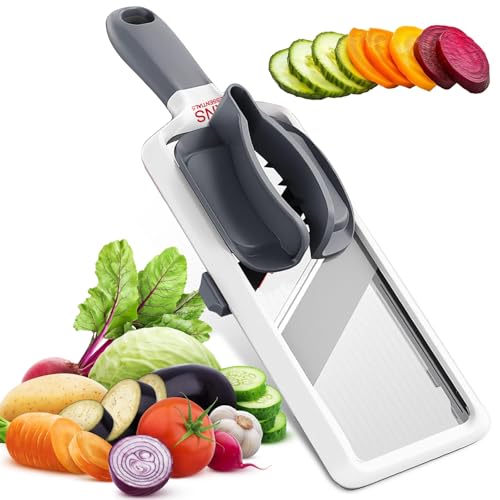 Mandoline Slicer for Kitchen – Adjustable Stainless Steel Blades, with Comfort Grip – Vegetable Slicer for Small to Medium sized Cucumber, Onion, Potato – Gray