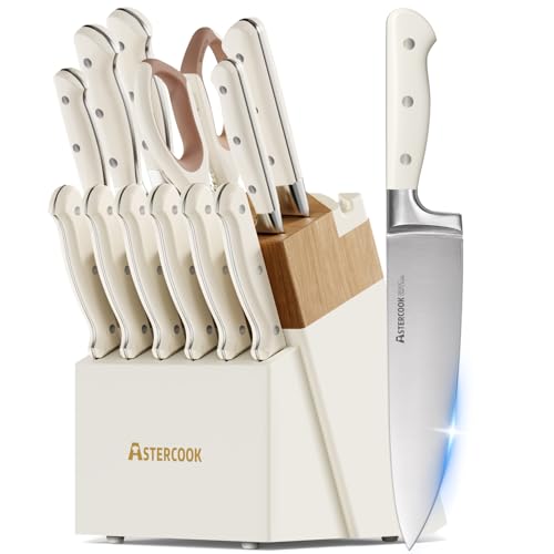 Knife Set,Astercook Kitchen Knife Set with Block 14-Piece Full Tang Stainless Steel Knives with Sharpener Dishwasher Safe and Anti-Slip Ergonomic Handle Utensils Set