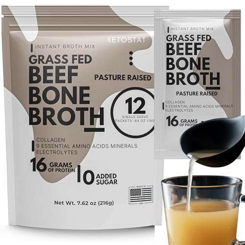 Ketostat Bone Broth Protein Powder Packets, Grass-Fed Beef (12 Pack, 18g) - 16 Grams of Hydrolyzed Beef Collagen Protein, Amino Acids, Electrolytes Sipping Broth Powder