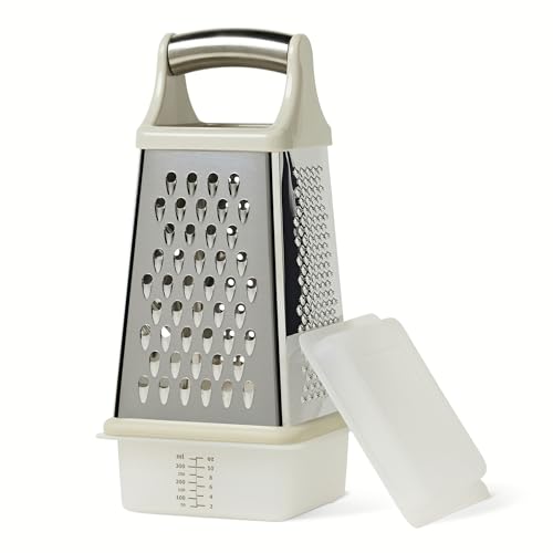 Amazon Basics Cheese Grater, 4-Sided Stainless Steel Box Grater with Measuring Container, Dishwasher-Safe