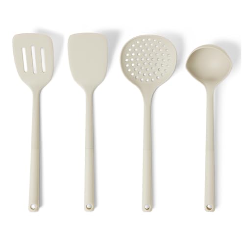 Amazon Basics Silicone Cooking Spoon, Ladle and Spatula Set, 4-Piece, Slotted, Soft Grip Handle, BPA-Free, Dishwasher-Safe, Linen Gray