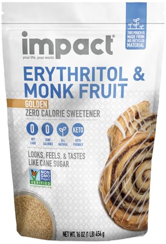 Impact - Golden Erythritol & Monk Fruit - Zero Calorie Sweetener, Sugar-Free, Non-GMO, Net Carb Free, Zero Glycemic, Baking Use - 1lb Resealable Bag