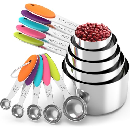 TILUCK Nesting Measuring Cups and Spoons Set, Stainless Steel with Soft Silicone Handle – Heavy Duty & Dishwasher Safe for Measuring Dry/Liquid Ingredients, Ideal for Cooking & Baking (10)
