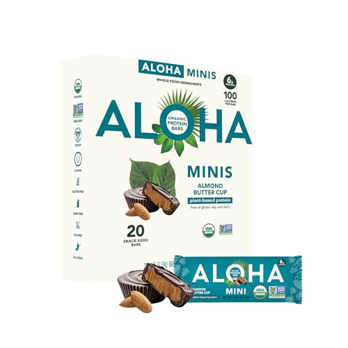 ALOHA Organic Plant Based Protein Bar MINIS | Almond Butter Cup | GLP-1 Friendly, 20 Count, 24g Bars | Vegan, Low Sugar, Gluten Free, Low Carb, Non-GMO, No Stevia, No Soy, No Sugar Alcohols