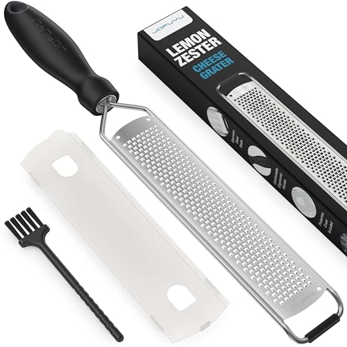 Lemon Zester & Cheese Grater, Razor Sharp Stainless Steel Blade Zester for Citrus, Parmesan Cheese, Ginger, Garlic, Chocolate, Non Slip Handle, Safety Cover, Dishwasher Safe, Black