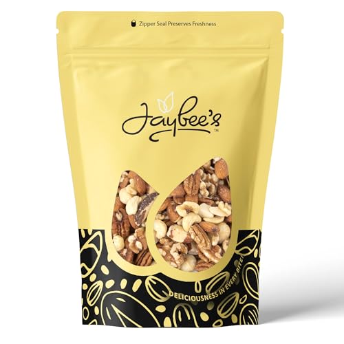 Jaybee’s Raw Deluxe Mixed Nuts Unsalted 3 Pound – Almonds, Cashews, Pecans, Walnuts, Brazil Nuts & Macadamias – Natural Fresh Variety in Resealable Bulk Bag
