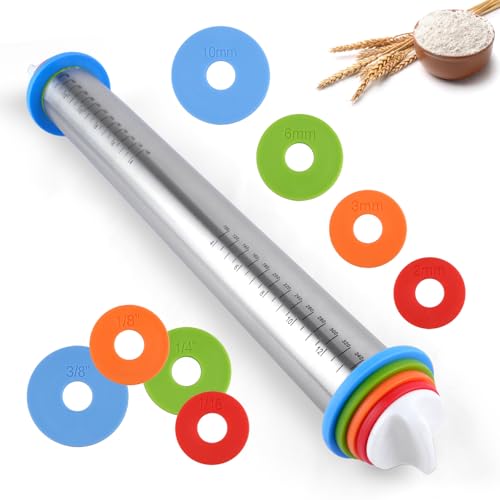 Adjustable Rolling Pin with 4 Thickness Rings for Baking, Cake Pop Roller
