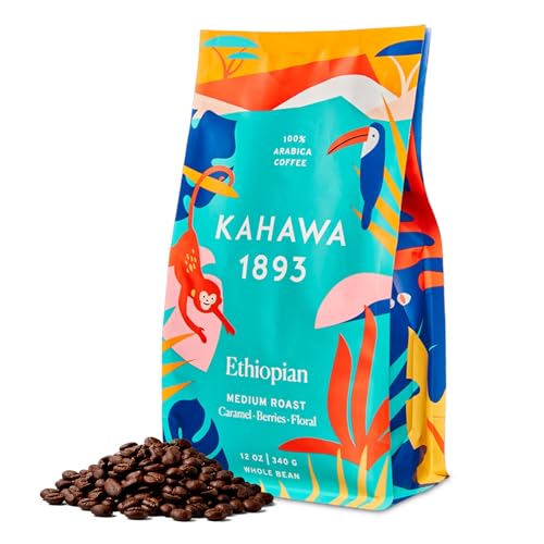 Kahawa 1893 Whole Bean Coffee Medium Light Roast Ethiopian Blend 12 Oz - As Seen on Shark Tank, High Antioxidants, Naturally Sweet, Organically Grown, Ethically & Sustainably Sourced