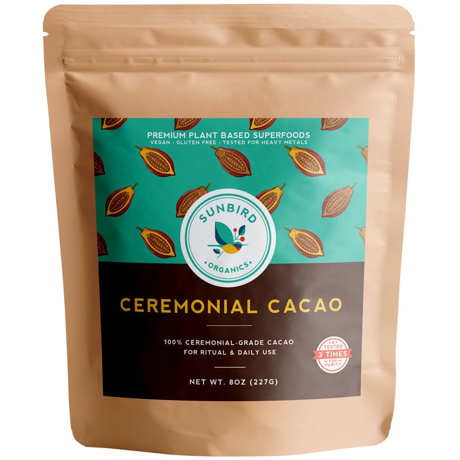 Sunbird Organics Ceremonial Cacao – 100% Organic Criollo Bean from Peru | Small Melt-Ready Pieces · Single Origin · Vegan · Plant-Based · For Daily Bliss, Meditation & Ritual Wellness | 8oz