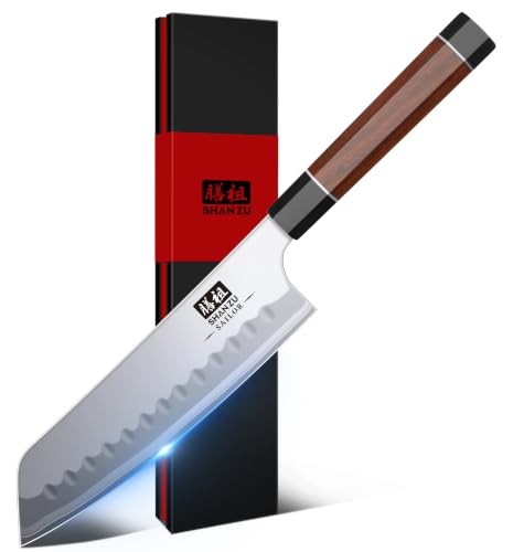 SHAN ZU 7 Inch Japanese Santoku Knife, 9 Layers 10Cr15MoV High Carbon Steel | Professional Kitchen Knife, Sharp Cooking Chef Knife with Ergonomic Red Sandalwood Handle, Meat Cutting Sashimi Chef Knife