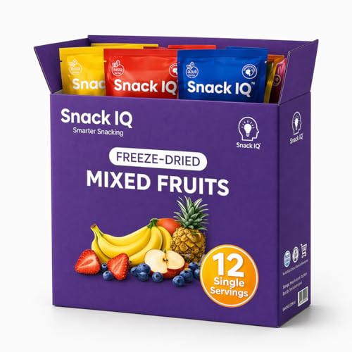 Snack IQ Freeze Dried Fruit Snacks Mixed 12 Pack - Freeze Dried Blueberries, Mango, Bananas, Apples slices, Peaches, Strawberries, & Pears - 10 Gram Individual Packs