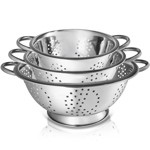 WHYSKO 3-Pack Stainless Steel Colander Set, 5, 3 & 1 Qt with Handles