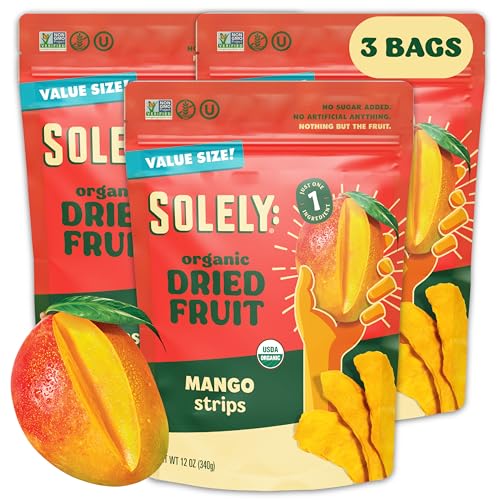 SOLELY - Organic Dried Mango Strips (12 oz Resealable Bags, Pack of 3) - Real Fresh Fruit - 1 Ingredient - Healthy Snacks for Adults & Kids - Non GMO, Vegan Snacks, Shelf Stable - 3 Bags (36 oz)