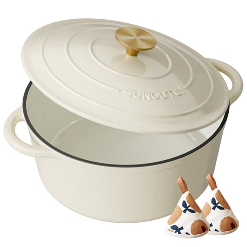 Enameled Cast Iron Dutch Oven - 6QT Pot with Lid & Cotton Potholders - Heavy-Duty Cookware for Braising, Stews, Roasting, Bread Baking, Oven Safe up to 500° F & Across All Cooktops, Cream White