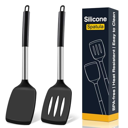2 Pack Silicone Spatula Set, Solid & Slotted Turner for Non-Stick Pans, High Heat Resistant Silicone Spatula for Cooking, BPA-Free Stainless Steel Cooking Utensils for Fish, Eggs, Pancakes, Black