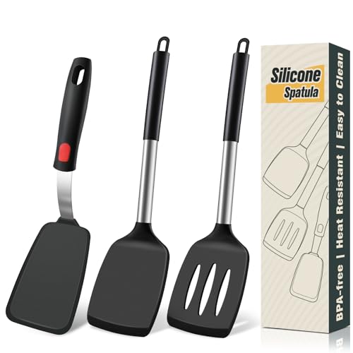 Silicone Spatula Set, Heat Resistant Solid & Slotted Turner for Non-Stick Pans, Silicone Cooking Utensils Set, BPA-Free, Flexible Spatula Turner for Flipping Eggs, Burgers, Pancakes, Black, 3 PCS-A