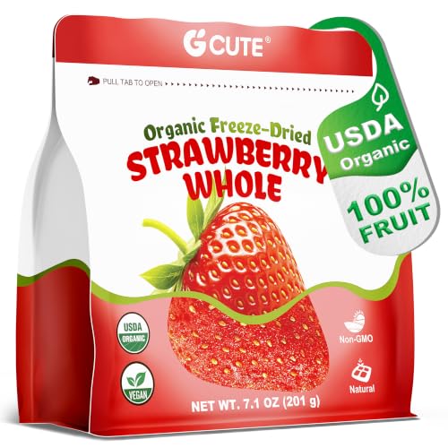 Organic Freeze Dried Whole Strawberries 7.1 oz | Natural Dehydrated Fruit | Dry Strawberry Slices | No Sugar & Additives | Healthy Snack & Topping for Beverages or Recipes | Non-GMO, Vegan