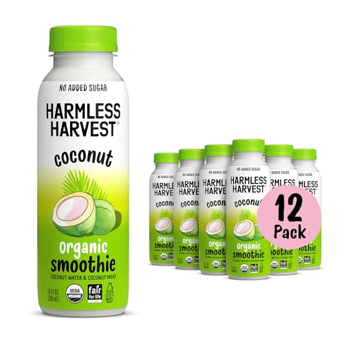 Harmless Harvest Organic Coconut Smoothie 10 Fl Oz, 12 Pack – Blend of Coconut Water & Coconut Meat, Natural Hydration with MCTs, No Sugar Added, Vegan & Fair for Life Certified