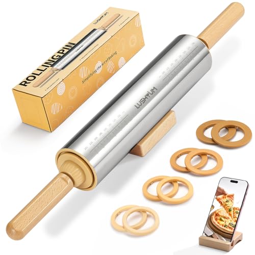 LUSHYUM Adjustable Rolling Pin with Thickness Rings 304 Stainless Steel Dough Roller with Dual-Purpose Stand Detachable Handles for Pizza Cookies Fondant Non Stick Metal Kitchen Tool Gift for Bakers