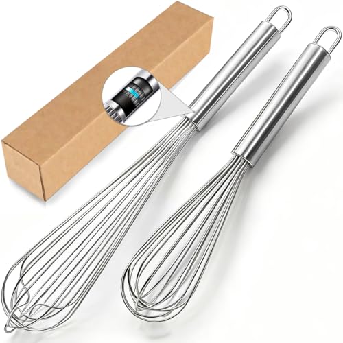 18/10 Stainless Steel Large Whisk Set of 2, 15.5 inch Heavy Duty Long Whisk and 12 inch Whisks, Suitable for Deep Pots or Big Bowl, Mixing, Beating, Blending