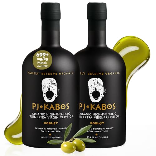 P.J. KABOS Fresh 2025/26 Harvest, Very High Phenolic (699 mg/kg), USDA Organic Greek Extra Virgin Olive Oil, Kosher, Greece, Cold Extracted, 16.9oz, “Family Reserve Organic - Robust” (2PACK)