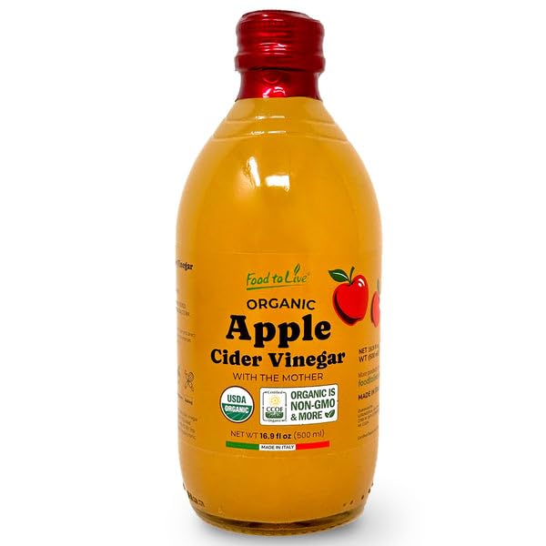 Food To Live Organic Apple Cider Vinegar, 500 ml – Raw Italian Natural Vinegar with the Mother, Unfiltered, Unpasteurized, Non-GMO, Vegan, Bulk, Glass Bottle (Pack of 1)