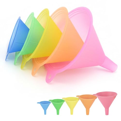 5Pcs All Purpose Plastic Funnel Set, Round Kitchen Funnels, Small to Large Multifunctional Funnels for Liquid Spices Powder Mini Tiny Funnel for Filling Small Bottles Cosmetic Lotion Essential Oil