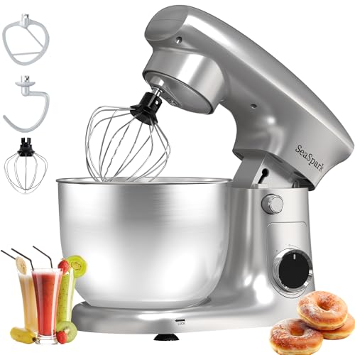SeaSpark Stand Mixer, 3 in 1 Stand Mixer, 5.5Qt Electric Mixer, Mixer with Stainless Dough Hook, Wire Whip & Beater, Food Mixer for Baking, Cake and Most Home Cooks, Silver