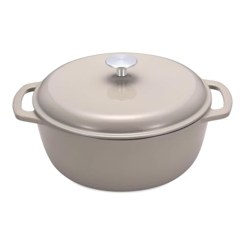 Amazon Basics Cast Iron Dutch Oven Pot with Lid, Enameled, Dual Handles, Round, Heavy-Duty, Medium, 6-Quart, Linen Gray