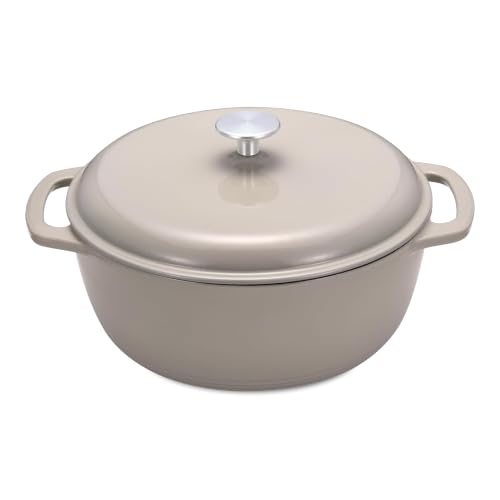 Amazon Basics Cast Iron Dutch Oven Pot with Lid, Enameled, Dual Handles, Round, Heavy-Duty, Small, 4.3-Quart, Linen Gray