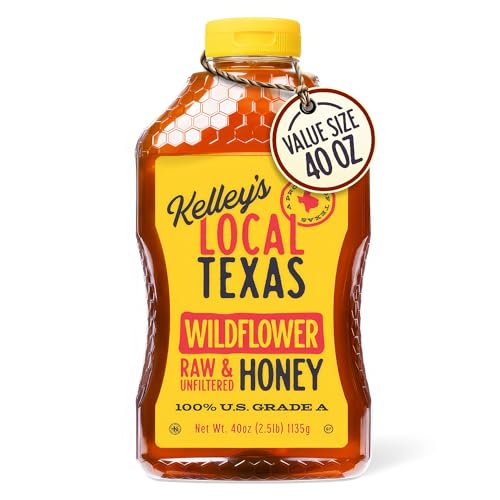 Kelley's Local Texas Wildflower Honey 40 oz – 100% Pure, Raw and Unfiltered – All-Natural American Honey for Tea, Baking, Yogurt, Toast & BBQ, Squeeze Bottle