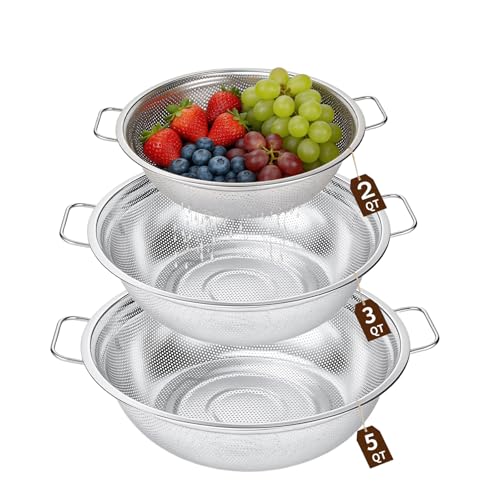Stainless Steel Colander Set of 3, 18/8 Food Grade Steel Kitchen Strainers, 2, 3 & 5 Quart Metal Pasta Strainers with Welded Handles, Non-Slip Feet, 2.5mm Precision Holes, Dishwasher Safe