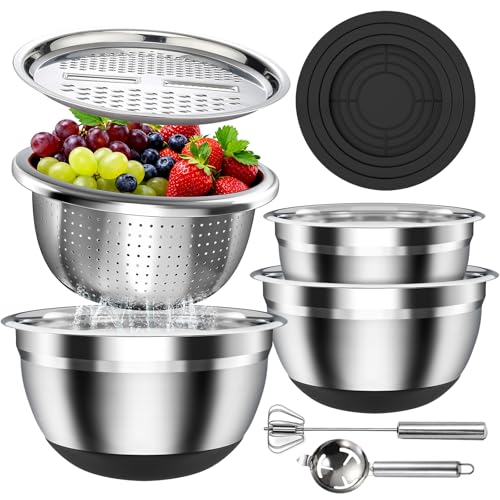 Stainless Steel Mixing Bowls Set with Lids & Silicone Base,7‑Piece Set