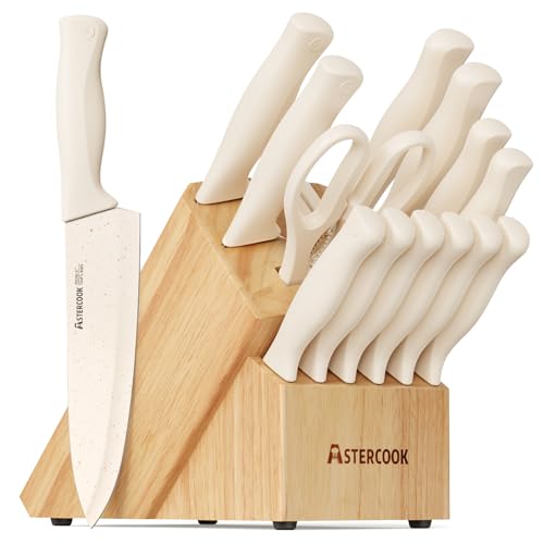 Astercook Knife Set, 15 Pieces Kitchen Knife Set with Sharpener Block, German Stainless Steel Knives with Anti-Rust Coating, Dishwasher Safe, Elegant Cream White Design, Perfect for Holiday Gifts