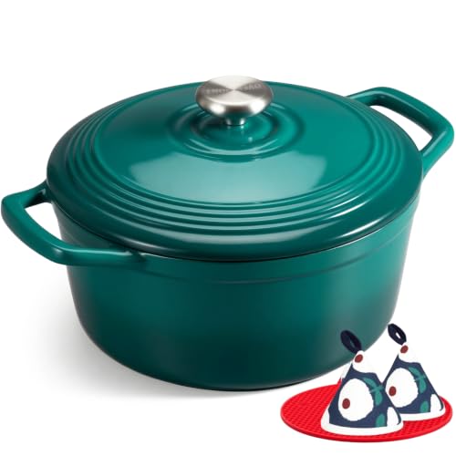 Overmont Enameled Cast Iron Dutch Oven - 5.5QT Pot with Lid Cookbook & Cotton Potholders - Heavy-Duty Cookware for Braising, Stews, Roasting, Sourdough Baking Bottle green
