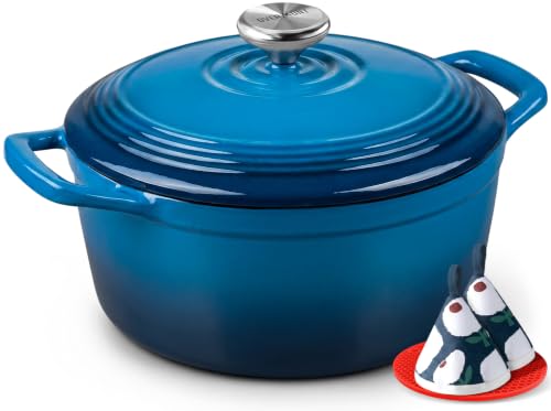 Overmont Enameled Cast Iron Dutch Oven - 5.5QT Pot with Lid Cookbook & Cotton Potholders - Heavy-Duty Cookware for Braising, Stews, Roasting, Sourdough Baking Blue