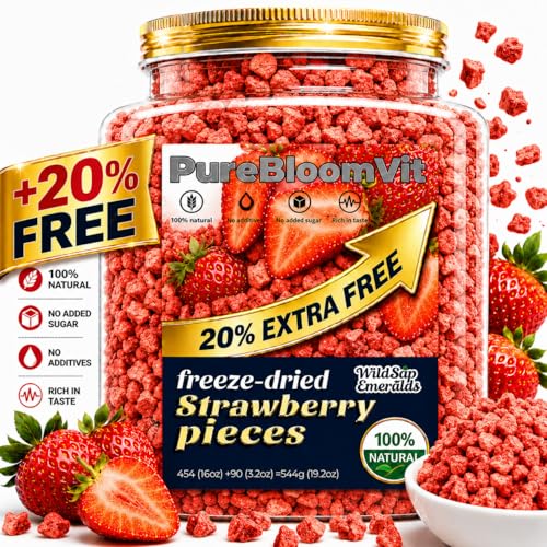 WildSap Emeralds Freeze Dried Strawberries Dices - 19.2oz Bulk Family Size Canned, 100% Fruit No Added Sugar Unsweetened Strawberry Pieces, Non-GMO Crunchy Fruit Snacks for Cereal, Yogurt & Baking