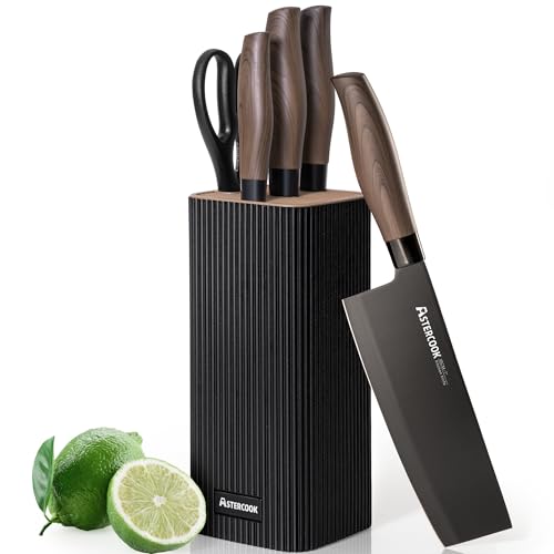 Astercook Knife Set, 6-Piece Kitchen Knife Set with Block, High Carbon Stainless Steel Ultra Sharp Kitchen Knives, Wood Grain Handle, Dishwasher Safe Knife Block Set, Black, Kitchen Utility Knives