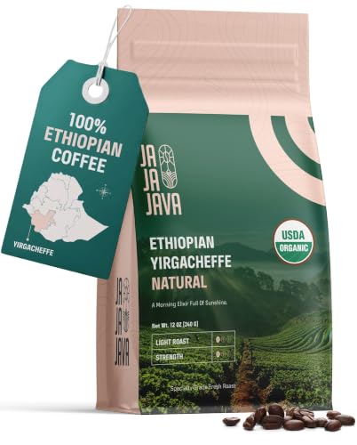 Organic Ethiopian Yirgacheffe Coffee Beans, Light Roast Whole Bean Coffee, Ja Ja JAVA Natural Process Single Origin, Specialty Grade Arabica, USDA Organic, Fresh Roasted, 12 oz