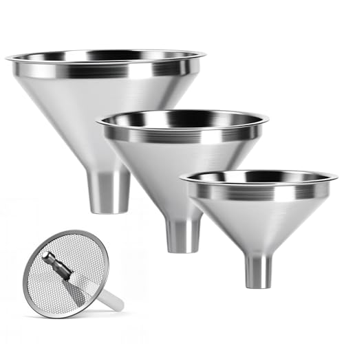 Lunexira 4-Piece Stainless Steel Kitchen Funnel Set, Includes 3 Funnel Sizes and 1 Strainer. Ideal for transferring seasonings, Oils, Liquids, Dry Goods and Powders. Durable and Easy to Clean.
