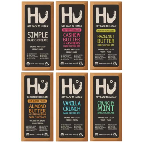HU Dark Chocolate Bars Variety Pack, 6 Count – Simple, Cashew Buter Raspberry, Hazelnut Btr Almond Butter & Puffed Quinoa, Vanilla Crunch & Crunchy Mint – Premium Dark Chocolate Bars