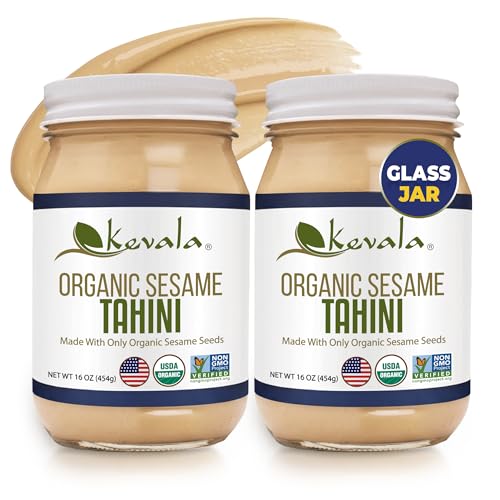 Kevala Organic Sesame Tahini | USDA Organic, Non‑GMO Project Verified & Kosher Certified | Smooth Hulled Sesame Paste in Glass Jar for Spreads, Sauces & Cooking | 16 oz Each | 2-Pack