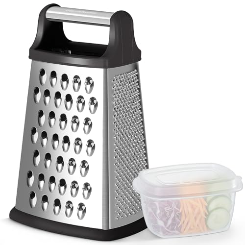 Ourokhome Cheese Grater, Handheld Box Grater with Container & Lid, 4-Sided Stainless Steel for Kitchen, Wavy Julienne, Slicer, Coarse Shred & Fine Zester, Non-Slip Base, Dishwasher Safe, 8 Inch