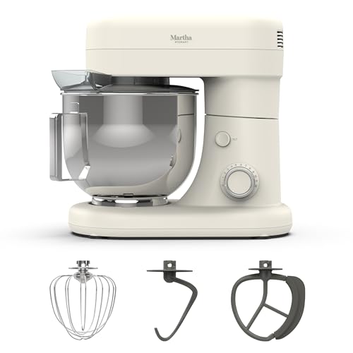 Martha Stewart Tilt-Head Stand Mixer, 12 Speed, 5.3QT Stainless Steel Bowl, Splash Guard with Pour Chute, Whisk, Dough Hook, Flat Beater, Electric Kitchen Baking Mixer, Bread, Cake, Whip, Linen White