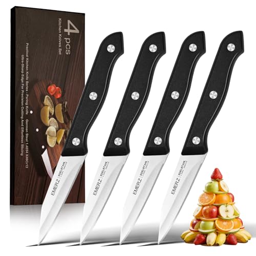 EMERZ Paring Knives Set of 4,Sharp Stainless Steel Paring Knife,3.5inch,Ergonomic PP Plastic Handle,Triple Rivet Small Kitchen Knife for Peeling Coring Cutting,Black Parers for Fruit,Vegetable