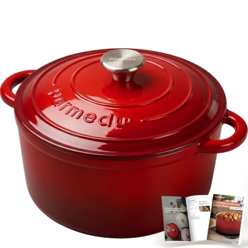 Parmedu 5.5QT Enameled Cast Iron Dutch Oven for Sourdough Bread Red