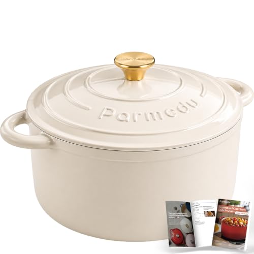 Parmedu 5.5QT Enameled Cast Iron Dutch Oven for Sourdough Bread, Slow Cooking & Home Meals, Beginner-Friendly Pot for Artisan Bread with Crispy Crust & Airy Interior, Easy to Clean, PFAS Free (White)