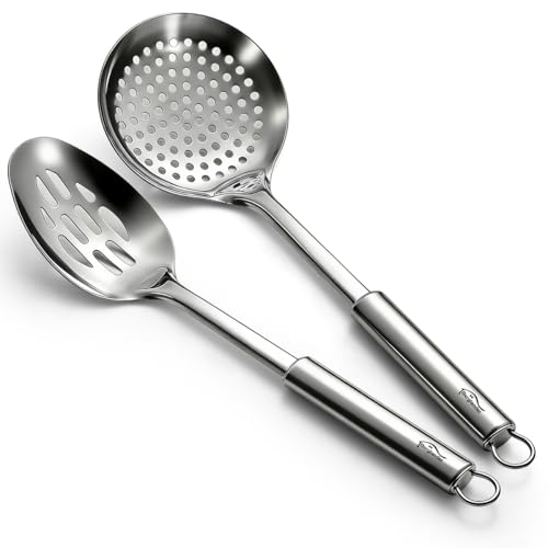 Berglander Kitchen Skimmer Slotted Spoons for Straining 2 pcs 13", Stainless Steel Kitchen Spider Strainer Ladle Spoon for Straining Pasta/Cooking/Frying/Noodle, Metal Kitchen Utensils Pasta Spoon