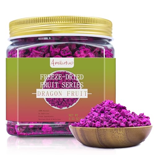 Amilutuo Freeze-Dried Dragon Fruit, Freeze-Dried Fruit, No Added Sugars, 3.53OZ/100g Dragon Fru it Chunks, Dry Drag-on Fr-uit, Ideal for Infusing Drinks, Baked Goods and Water