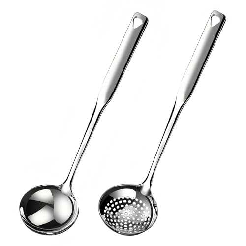 Hvanam Soup Ladle 18/10 Stainless Steel and Slotted Spoons with Holes 2 Pack Set,316 Metal Heavy Duty Deep Spoon Gravy Punch Ladles for Serving Soup,Gravy,Draining,Kitchen Cooking,Hot Pot(11.8inchs)
